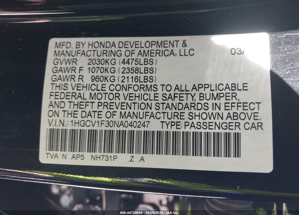 2022 HONDA ACCORD SPORT VIN: 1HGCV1F30NA040247