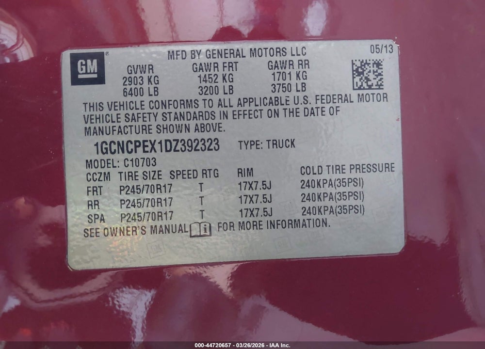 2013 CHEVROLET SILVERADO 1500 WORK TRUCK VIN: 1GCNCPEX1DZ392323
