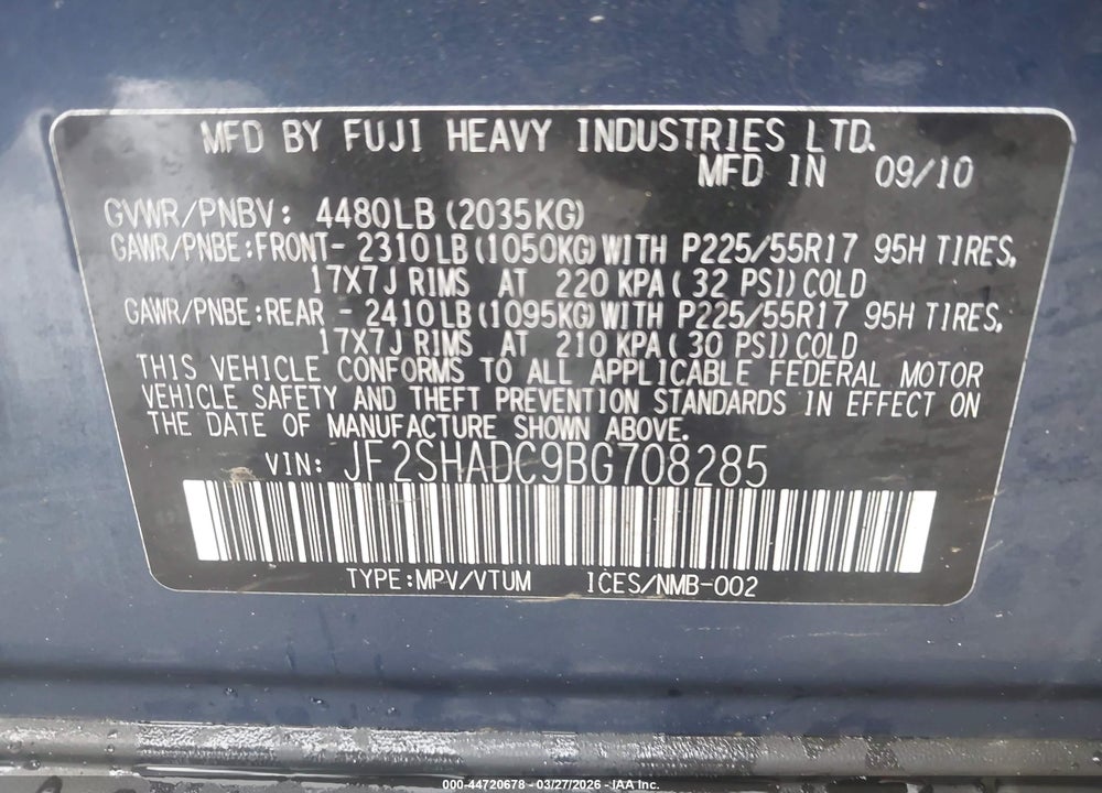 2011 SUBARU FORESTER 2 VIN: JF2SHADC9BG708285