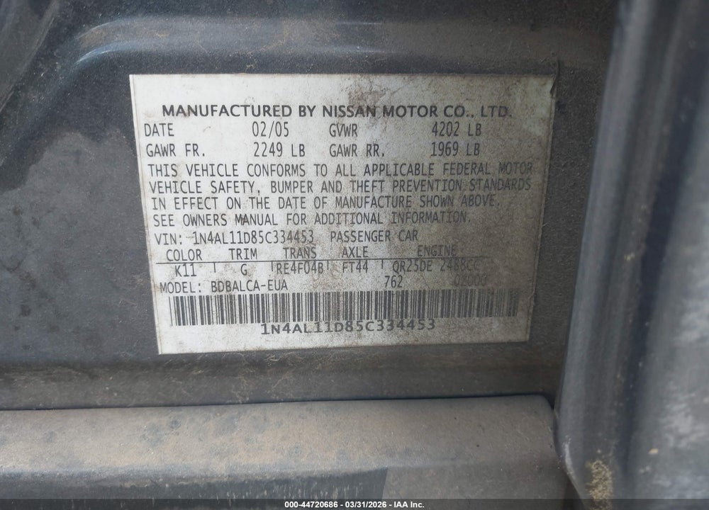 2005 NISSAN ALTIMA 2.5 S VIN: 1N4AL11D85C334453
