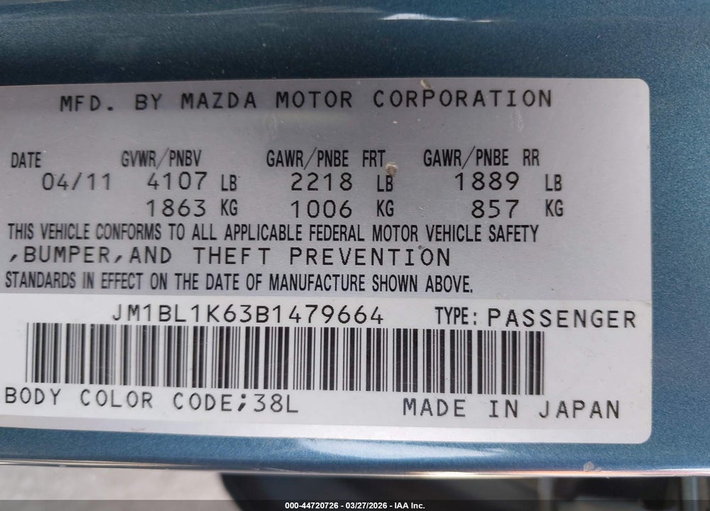 2011 MAZDA 3 S SPORT VIN: JM1BL1K63B1479664