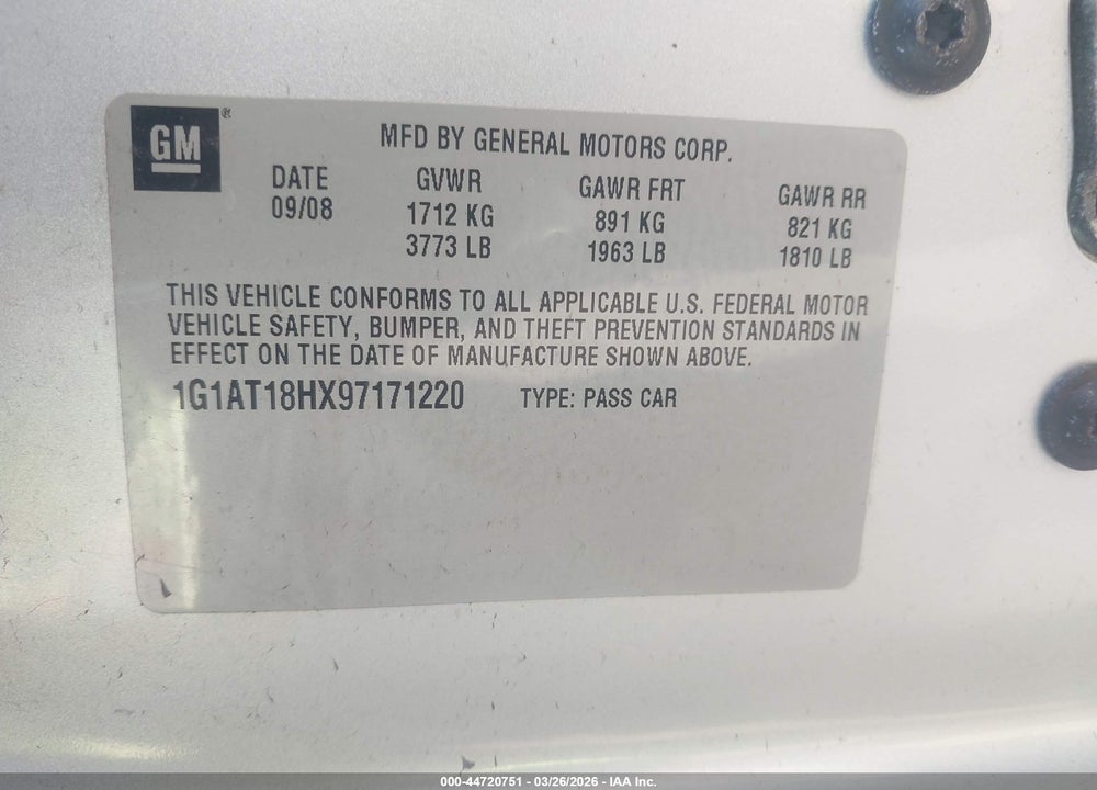 2009 CHEVROLET COBALT LT VIN: 1G1AT18HX97171220