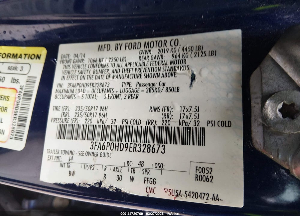 2014 FORD FUSION SE VIN: 3FA6P0HD9ER328673