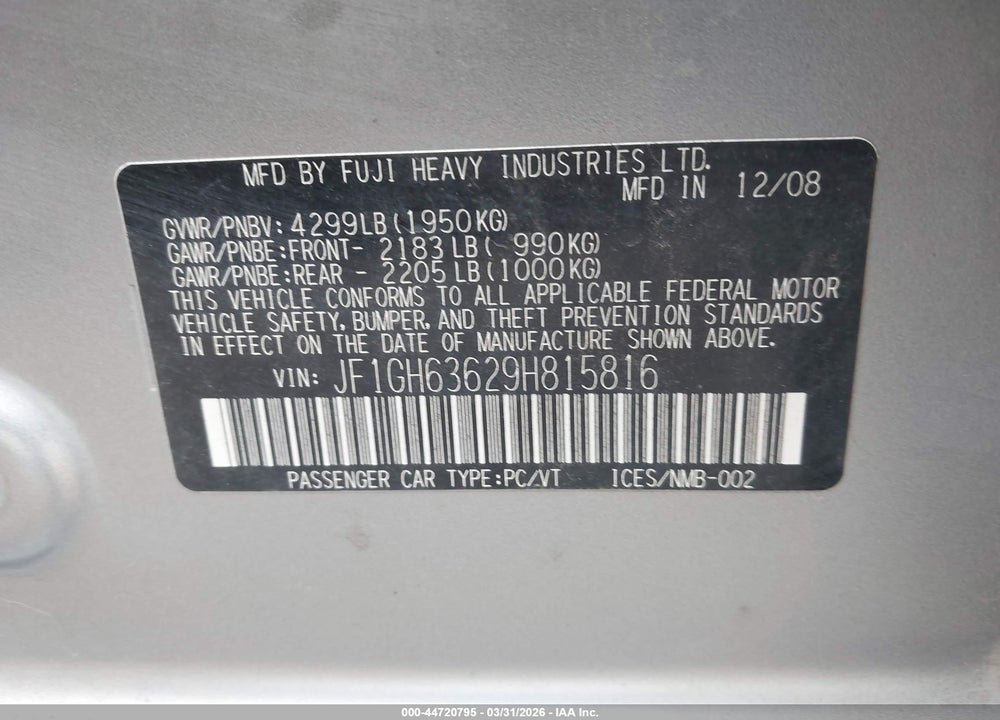2009 SUBARU IMPREZA OUTBACK SPORT VIN: JF1GH63629H815816