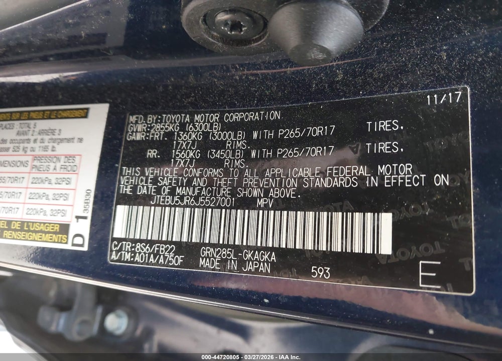 2018 TOYOTA 4RUNNER SR5 VIN: JTEBU5JR6J5527001