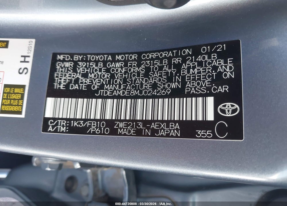 2021 TOYOTA COROLLA HYBRID LE VIN: JTDEAMDE8MJ024269