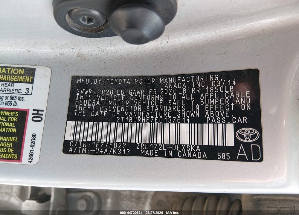 2014 TOYOTA COROLLA S PLUS VIN: 2T1BURHE7EC137614