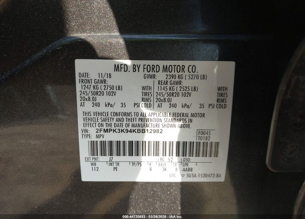 2019 FORD EDGE TITANIUM VIN: 2FMPK3K94KBB12982