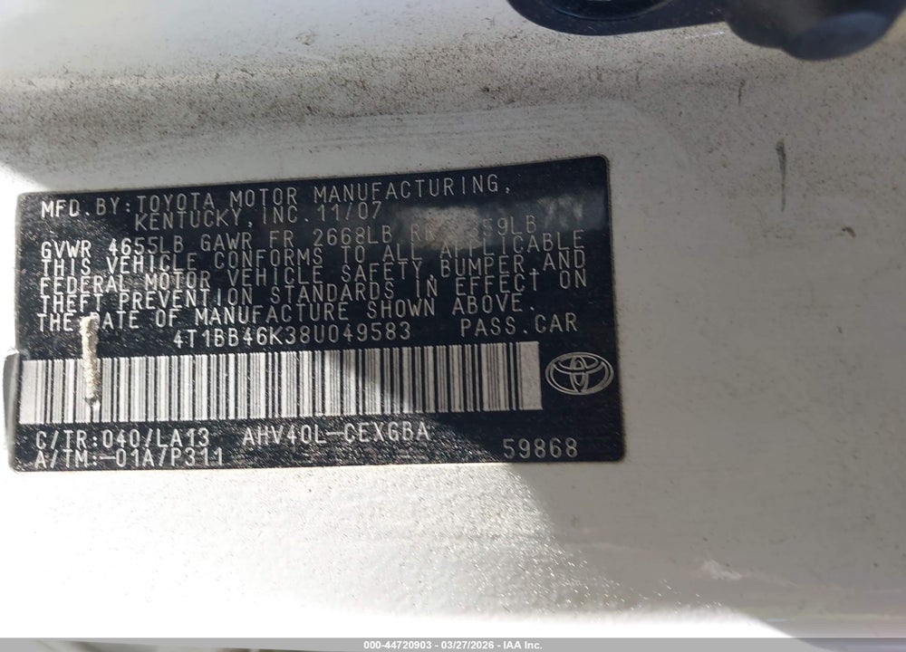 2008 TOYOTA CAMRY HYBRID VIN: 4T1BB46K38U049583