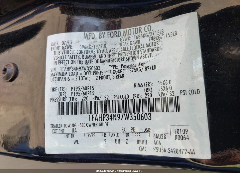 2007 FORD FOCUS S/SE/SES VIN: 1FAHP34N97W350603