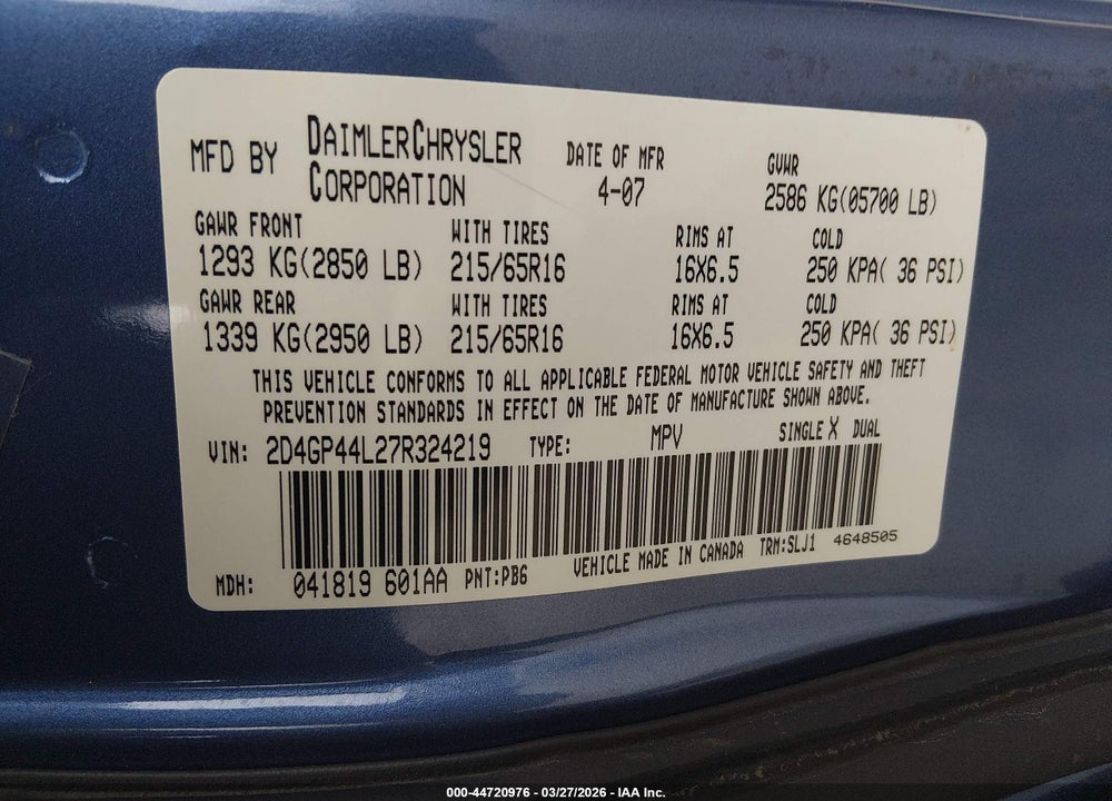 2007 DODGE GRAND CARAVAN SXT VIN: 2D4GP44L27R324219