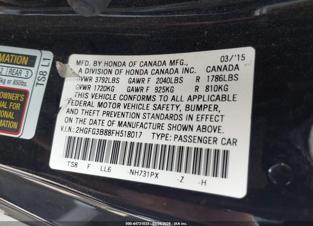 2015 HONDA CIVIC EX VIN: 2HGFG3B88FH518017
