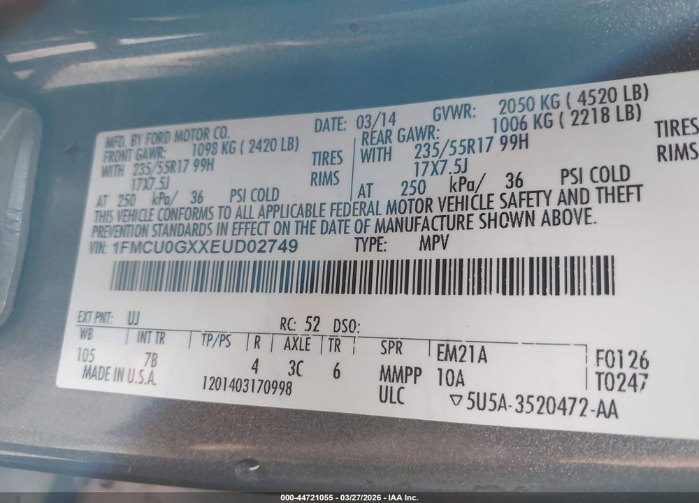2014 FORD ESCAPE SE VIN: 1FMCU0GXXEUD02749