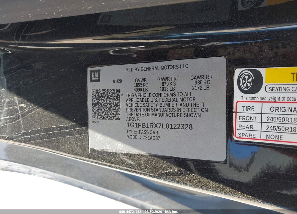 2020 CHEVROLET CAMARO RWD  1LT VIN: 1G1FB1RX7L0122328