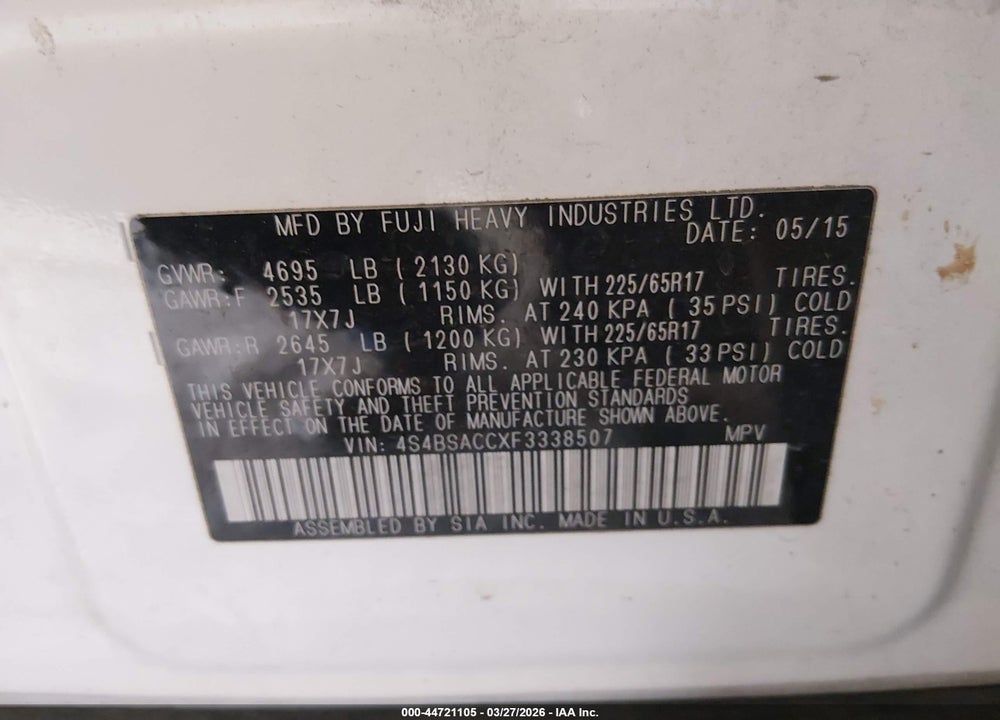 2015 SUBARU OUTBACK 2.5I PREMIUM VIN: 4S4BSACCXF3338507