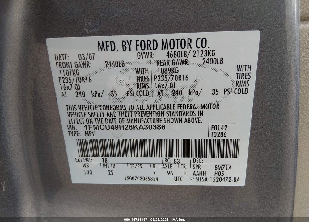 2008 FORD ESCAPE HYBRID VIN: 1FMCU49H28KA30386