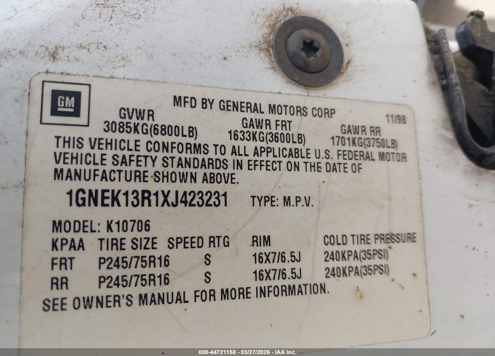 1999 CHEVROLET TAHOE LS VIN: 1GNEK13R1XJ423231