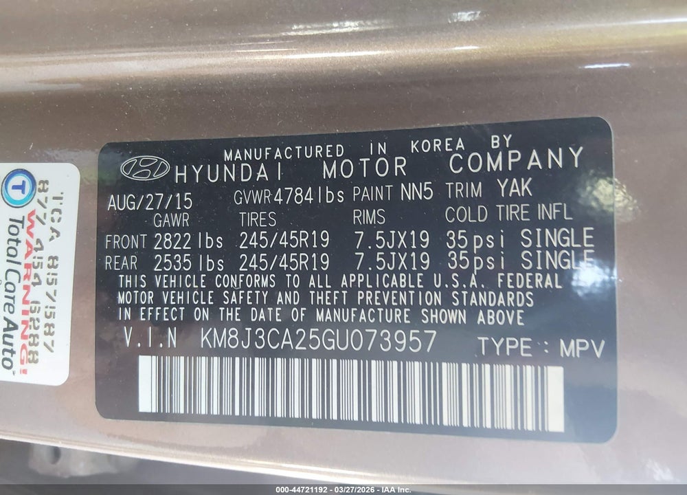 2016 HYUNDAI TUCSON SPORT VIN: KM8J3CA25GU073957