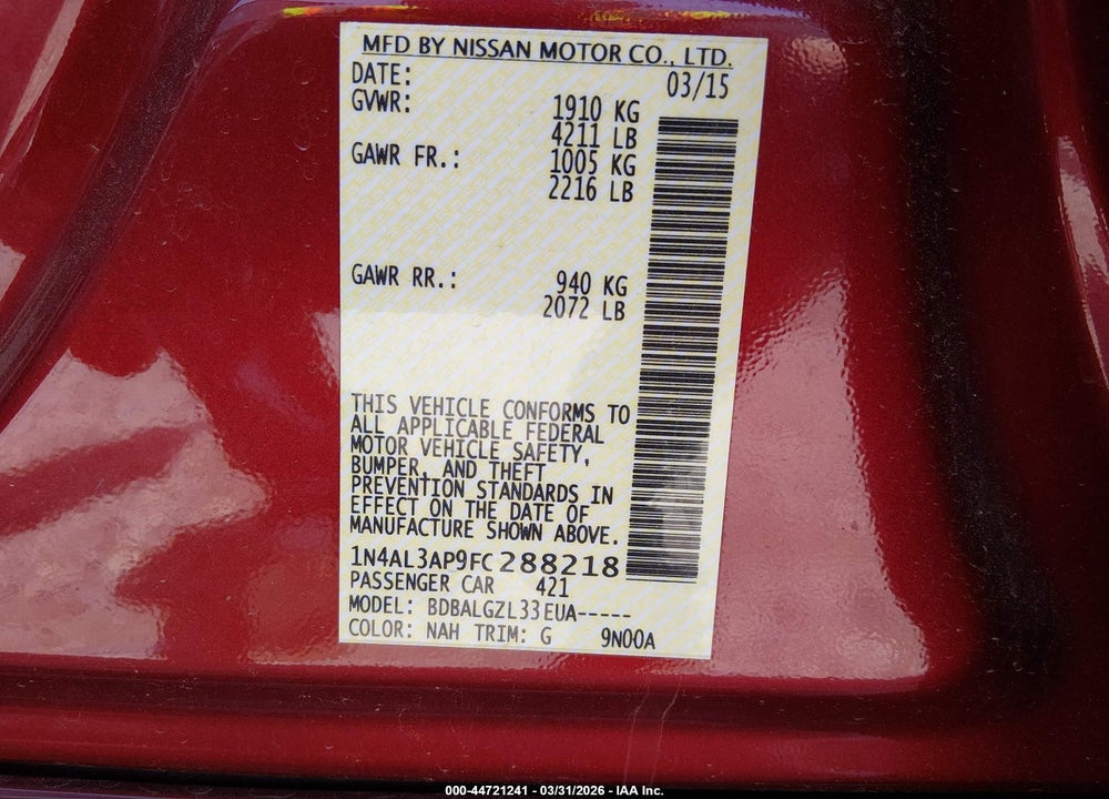 2015 NISSAN ALTIMA 2.5/2.5 S/2.5 SL/2.5 SV VIN: 1N4AL3AP9FC288218
