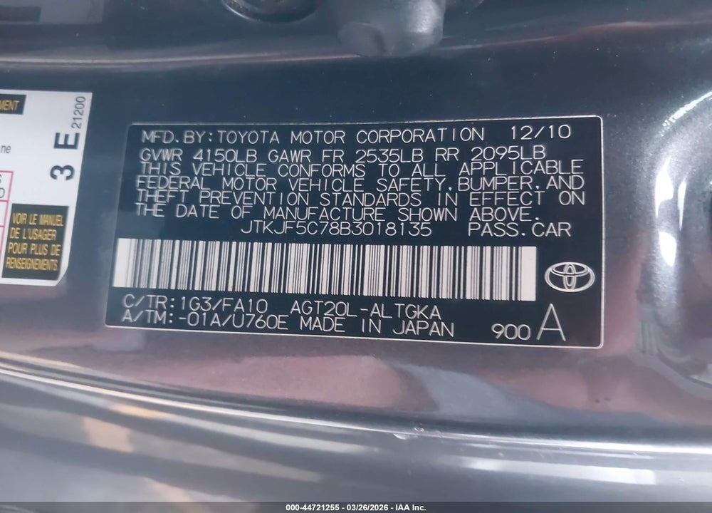 2011 SCION TC VIN: JTKJF5C78B3018135