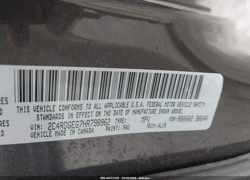 2017 DODGE GRAND CARAVAN GT VIN: 2C4RDGEG7HR798962