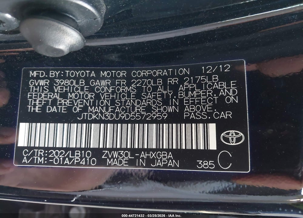 2013 TOYOTA PRIUS FOUR VIN: JTDKN3DU9D5572959