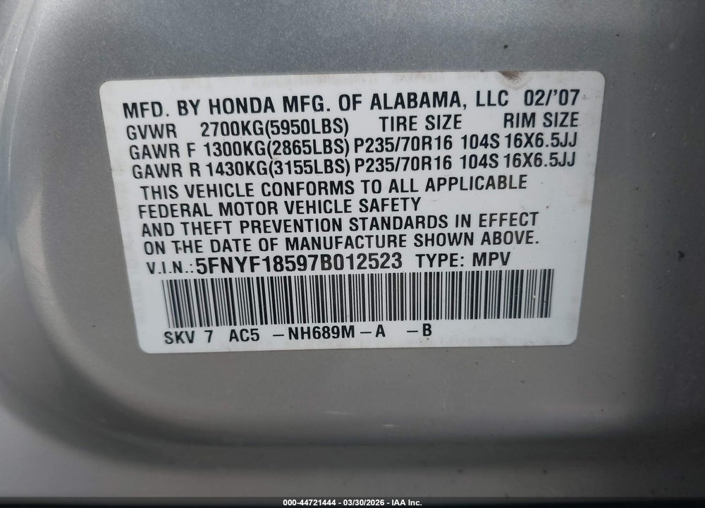 2007 HONDA PILOT EX-L VIN: 5FNYF18597B012523