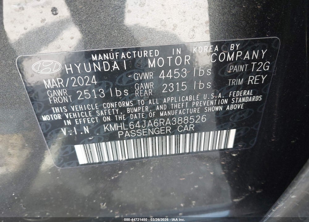 2024 HYUNDAI SONATA SEL VIN: KMHL64JA6RA388526