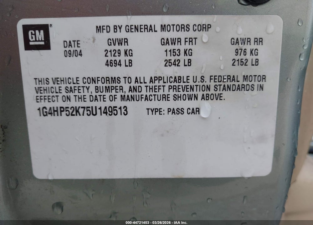 2005 BUICK LESABRE CUSTOM VIN: 1G4HP52K75U149513