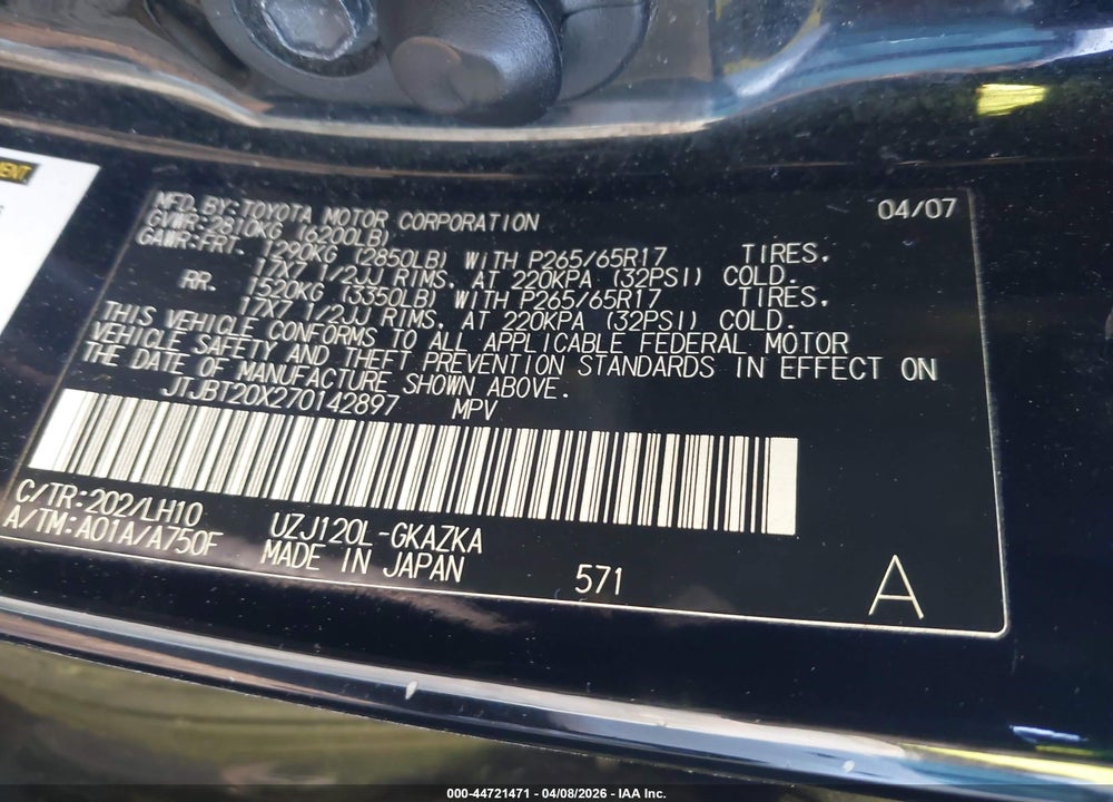 2007 LEXUS GX 470 VIN: JTJBT20X270142897