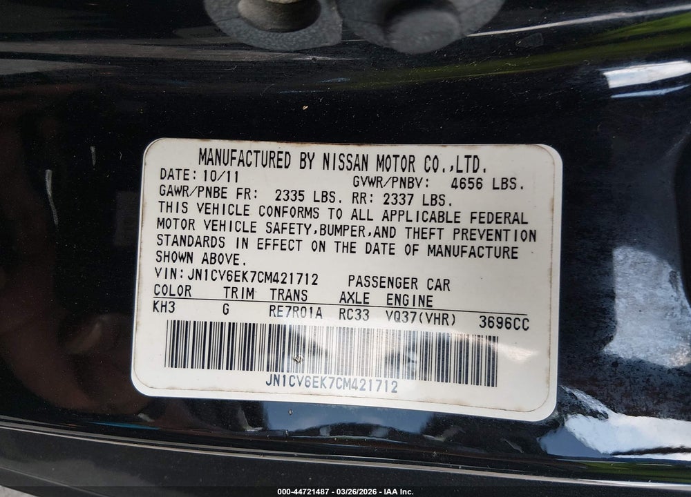2012 INFINITI G37 JOURNEY VIN: JN1CV6EK7CM421712