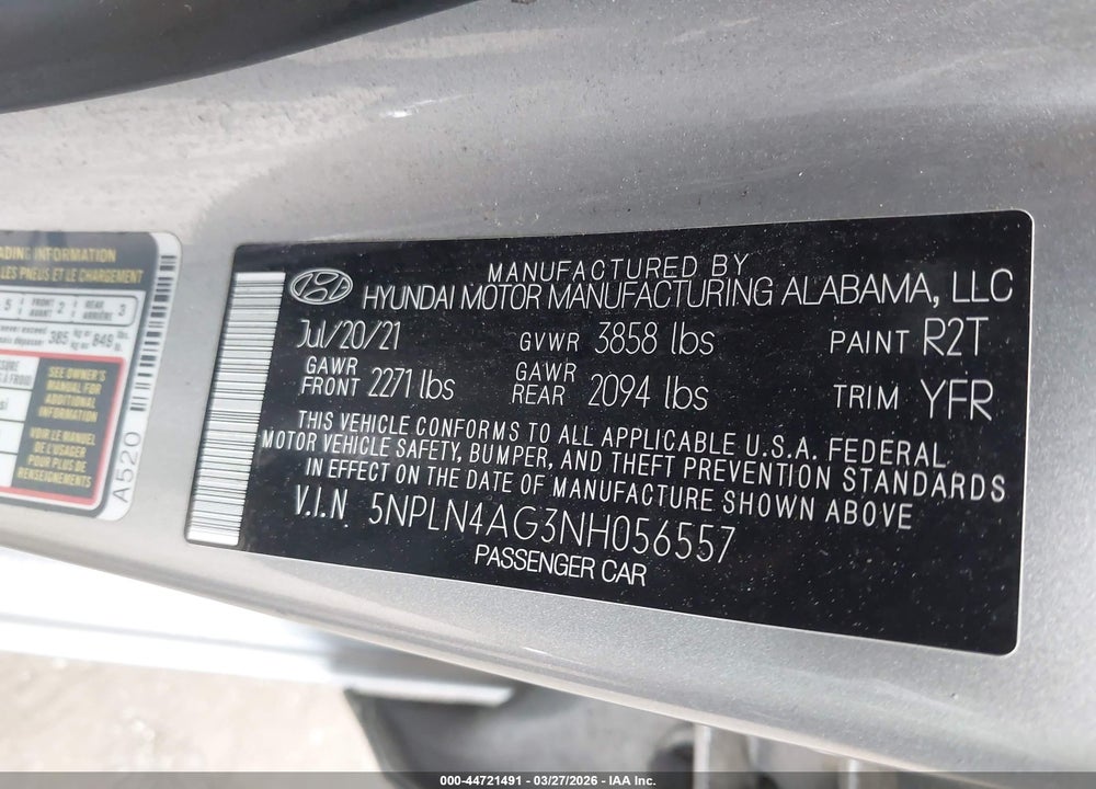 2022 HYUNDAI ELANTRA SEL VIN: 5NPLN4AG3NH056557