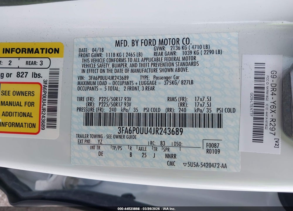 2018 FORD FUSION HYBRID S VIN: 3FA6P0UU4JR243689