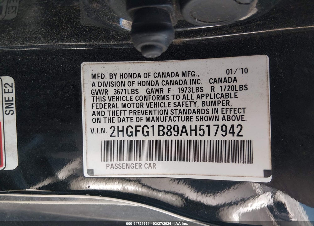 2010 HONDA CIVIC EX VIN: 2HGFG1B89AH517942