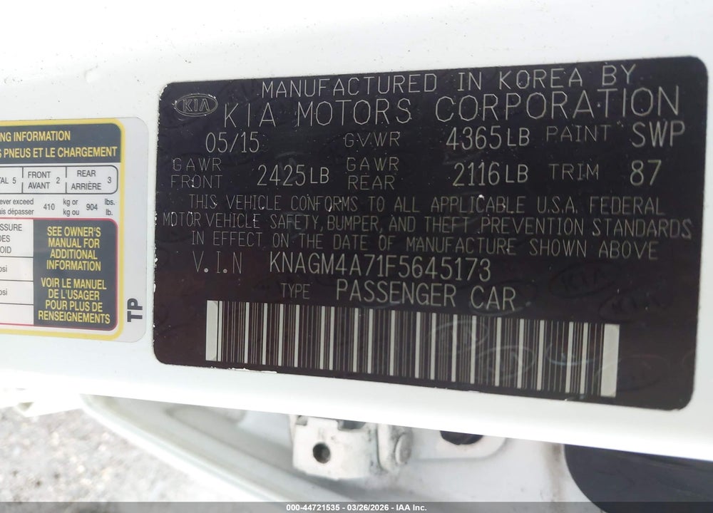 2015 KIA OPTIMA LX VIN: KNAGM4A71F5645173
