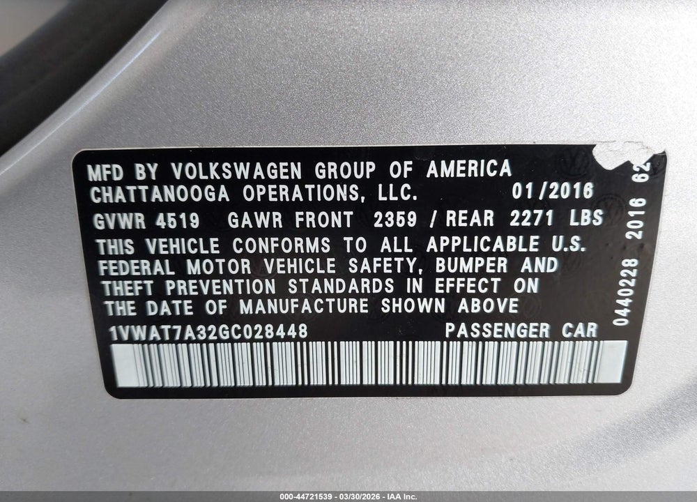 2016 VOLKSWAGEN PASSAT 1.8T S VIN: 1VWAT7A32GC028448