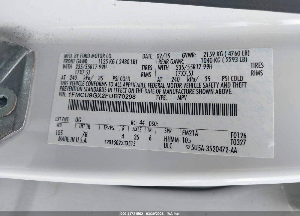 2015 FORD ESCAPE SE VIN: 1FMCU9GX2FUB70298