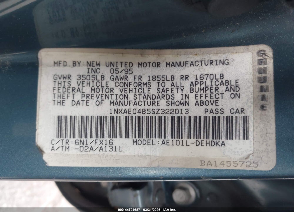 1995 TOYOTA COROLLA VIN: 1NXAE04B5SZ322013