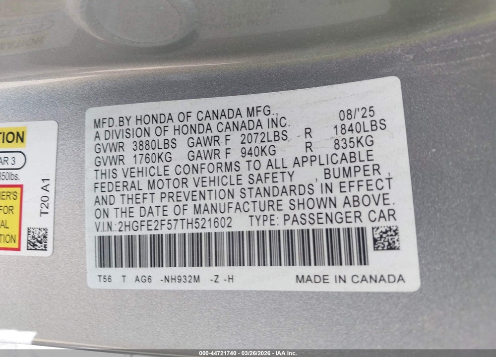 2026 HONDA CIVIC VIN: 2HGFE2F57TH521602