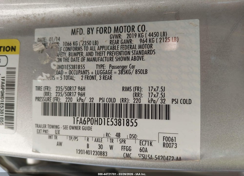 2014 FORD FUSION SE VIN: 1FA6P0HD1E5381855