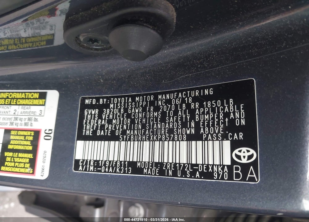 2019 TOYOTA COROLLA LE VIN: 5YFBURHEXKP857808