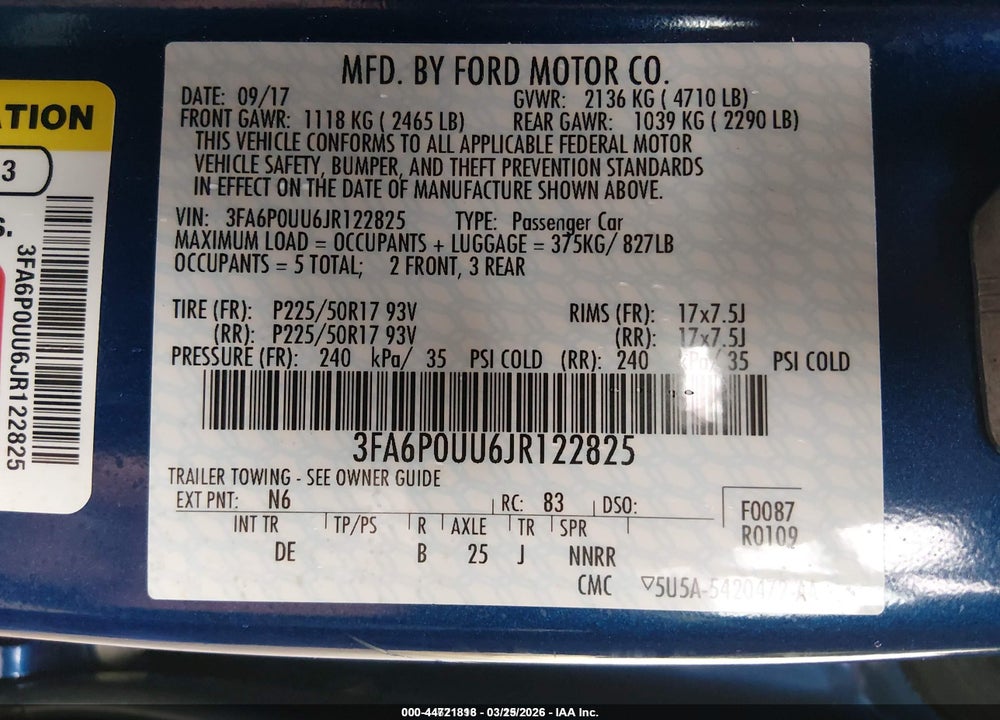 2018 FORD FUSION HYBRID S VIN: 3FA6P0UU6JR122825