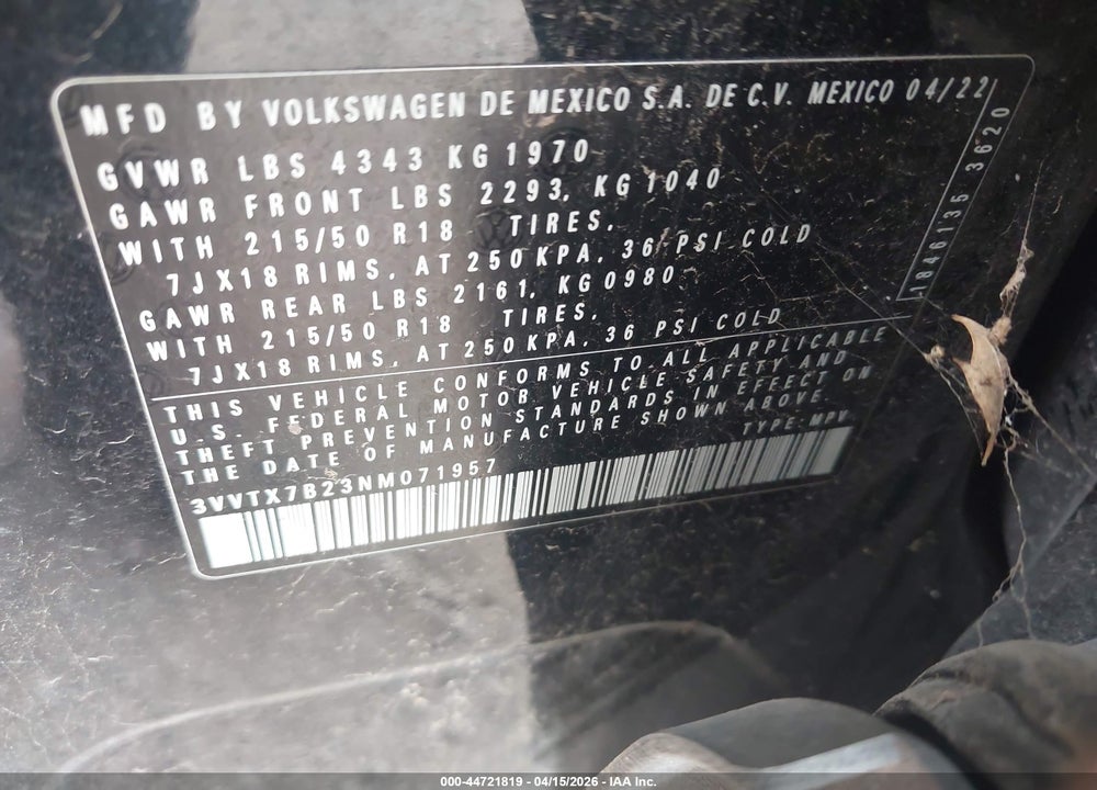 2022 VOLKSWAGEN TAOS 1.5T SE VIN: 3VVTX7B23NM071957