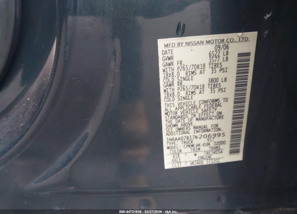 2007 NISSAN TITAN LE VIN: 1N6AA07B17N206995