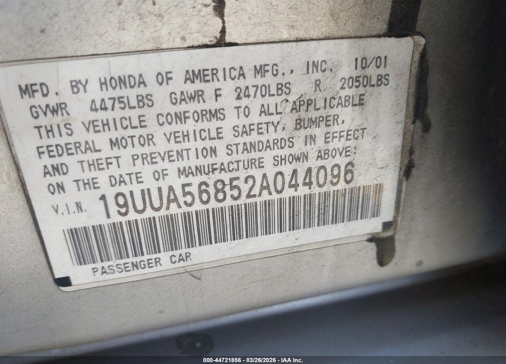 2002 ACURA TL 3.2 TYPE S VIN: 19UUA56852A044096