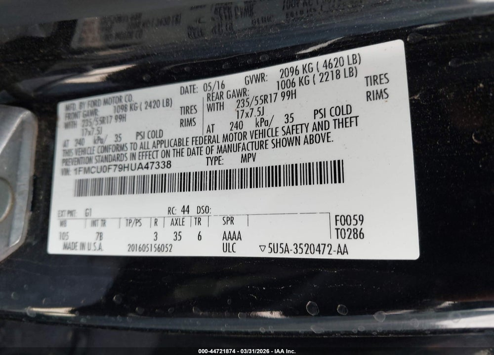 2017 FORD ESCAPE S VIN: 1FMCU0F79HUA47338