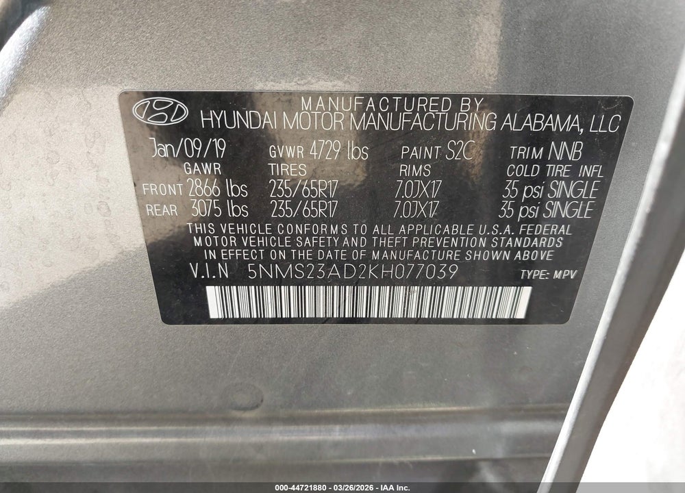 2019 HYUNDAI SANTA FE SE VIN: 5NMS23AD2KH077039
