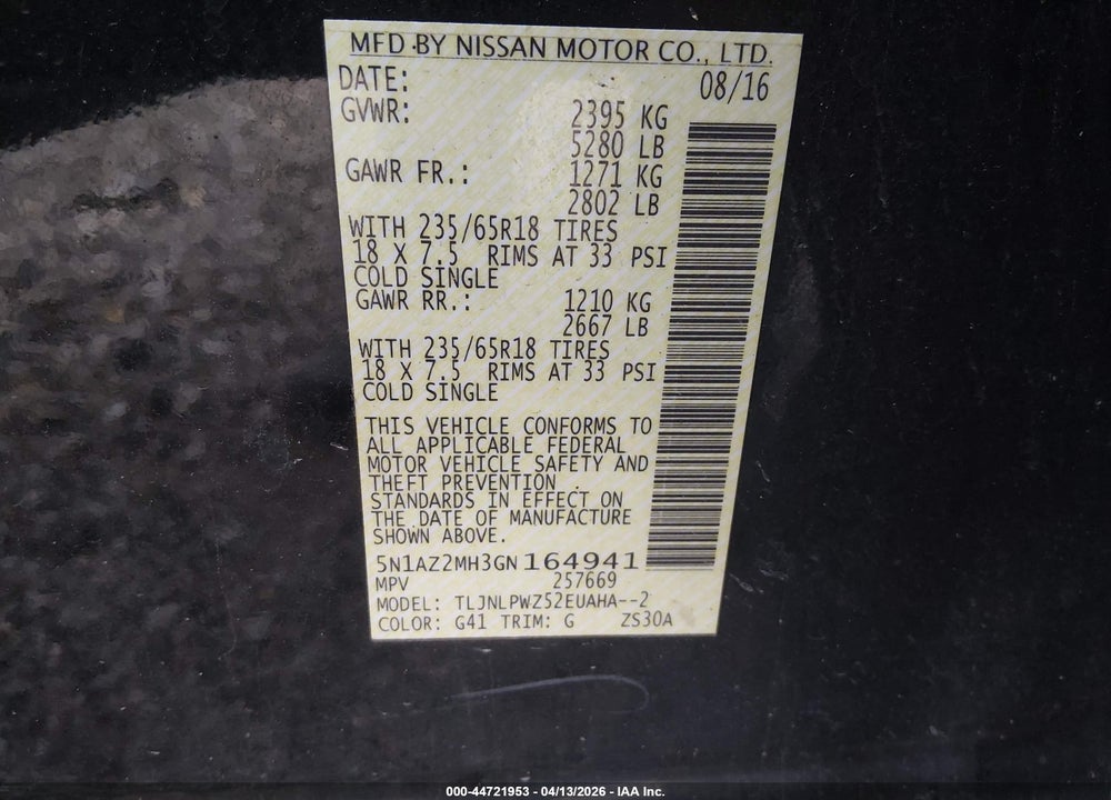 2016 NISSAN MURANO S VIN: 5N1AZ2MH3GN164941