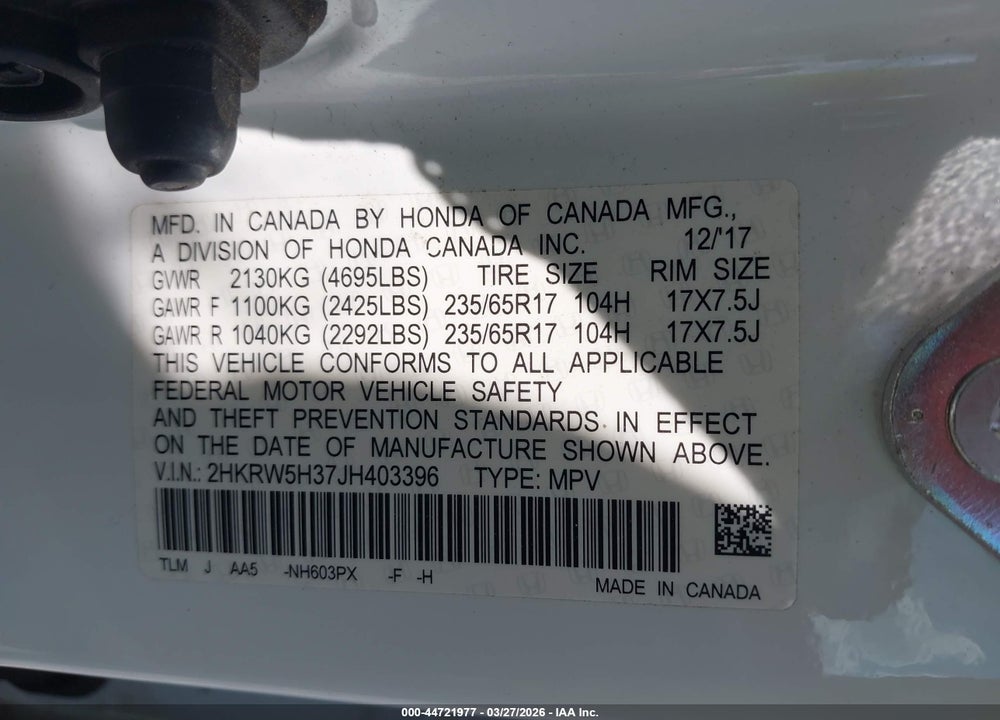2018 HONDA CR-V LX VIN: 2HKRW5H37JH403396
