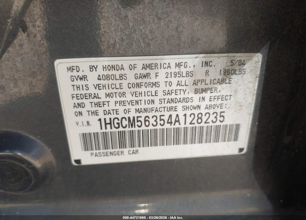 2004 HONDA ACCORD 2.4 LX VIN: 1HGCM56354A128235
